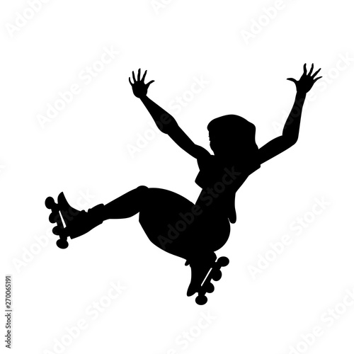 Silhouette of girl on roller skates. Girl make a stunt. Vector black and white illustration. Cutout isolated object. Sports goods elements.