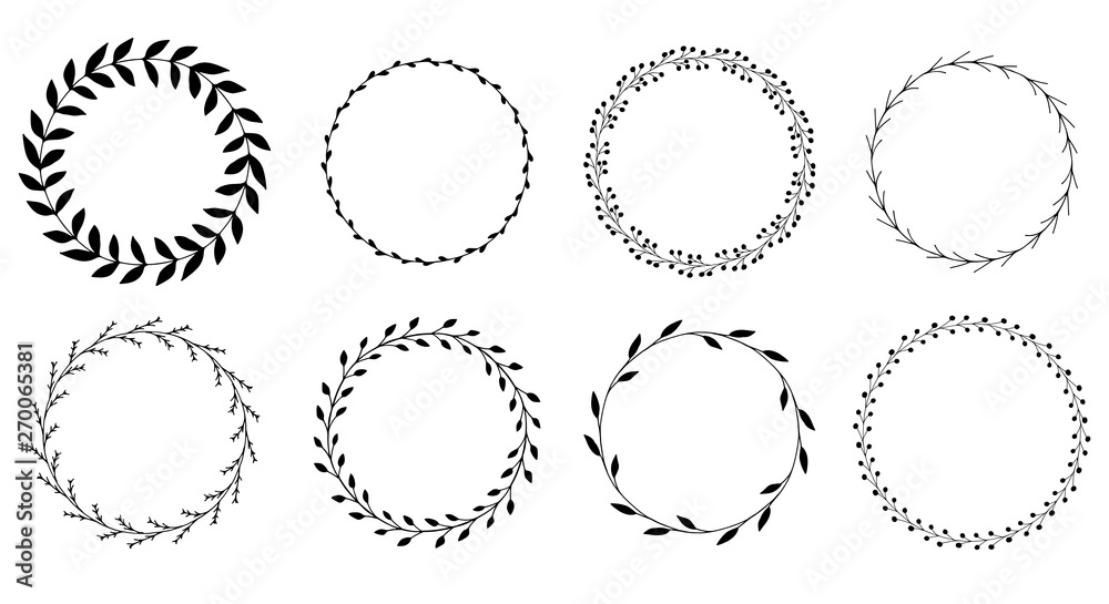 Vector set of hand drawn beautiful round floral frames in black color isolated on white background. Romantic decoration elements for wedding invitations, gift cards, banners. Cute botanical wreaths.