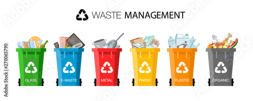 Plastic containers for garbage of different types. Waste management concept. Different types of Waste: Organic, Plastic, Metal, Paper, Glass, E-waste. Separation of waste on garbage cans for recycling