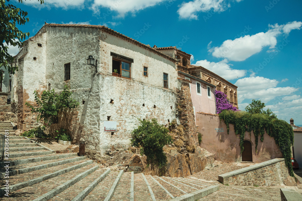 Buildings and flowering trees over a stairway with cobblestone at Caceres