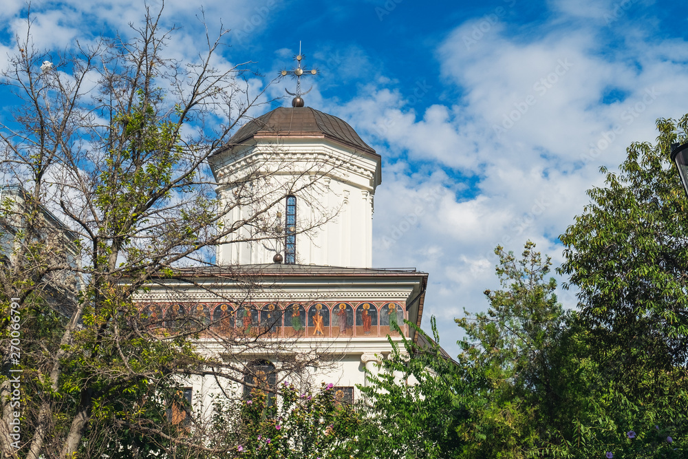 Tower of Saint Demetrius Church in historical center of Bucharest, Romania
