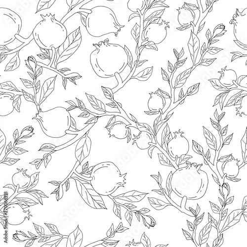 Seamless pattern with hand drawn pomegranates on branches with leaves monochrome vector illustration