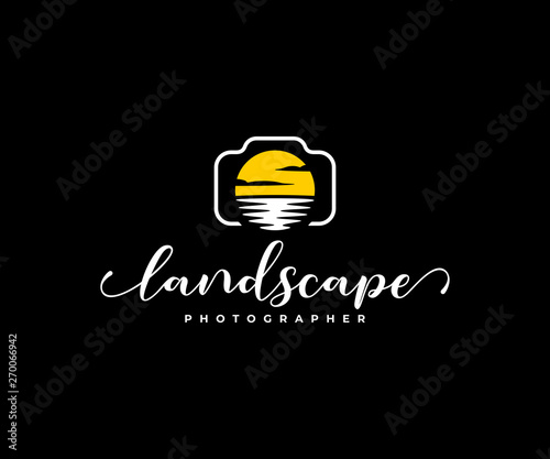 Landscape photographer logo design. Digital camera and lens in the form of sun and water vector design. Nature photographer logotype