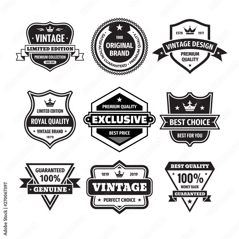 Business badges vector set in retro design style. Abstract logo. Premium quality. Satisfaction guaranteed. Vintage style. Original brand. Limited edition. Exclusive. Best price. Black & white colors.