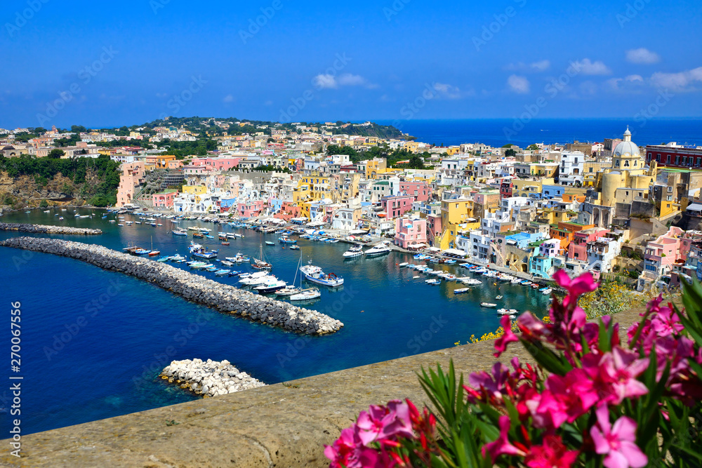Colorful island town in Italy. Above view overlooking Procida from a flower filled terrace.