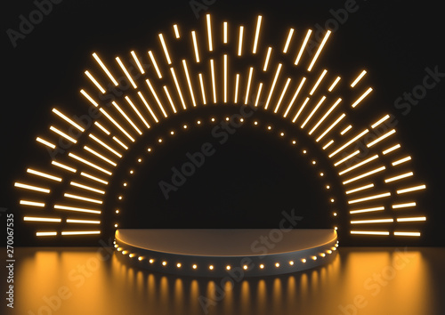 Stage podium scene for Award celebration on black background, Stage podium with lighting, 3D render..