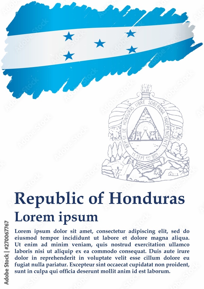 Flag of Honduras, Republic of Honduras. Template for award design, an official document with the flag of Honduras. Bright, colorful vector illustration.