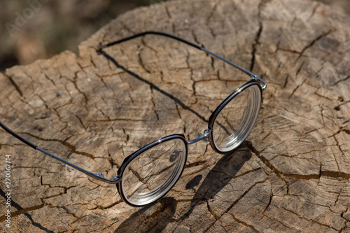 Round women`s glasses with a black frame lie on a stump