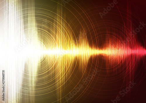 Digital Super Earthquake Wave with Circle Vibration on Light Red and gold background,technology and earthquake wave concept,design for music industry,Vector,Illustration.