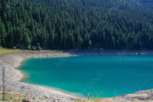 Paradise views of the national park Durmitor in Montenegro. Turquoise water of the lake, pine forest and mountains. Stunning background with nature.