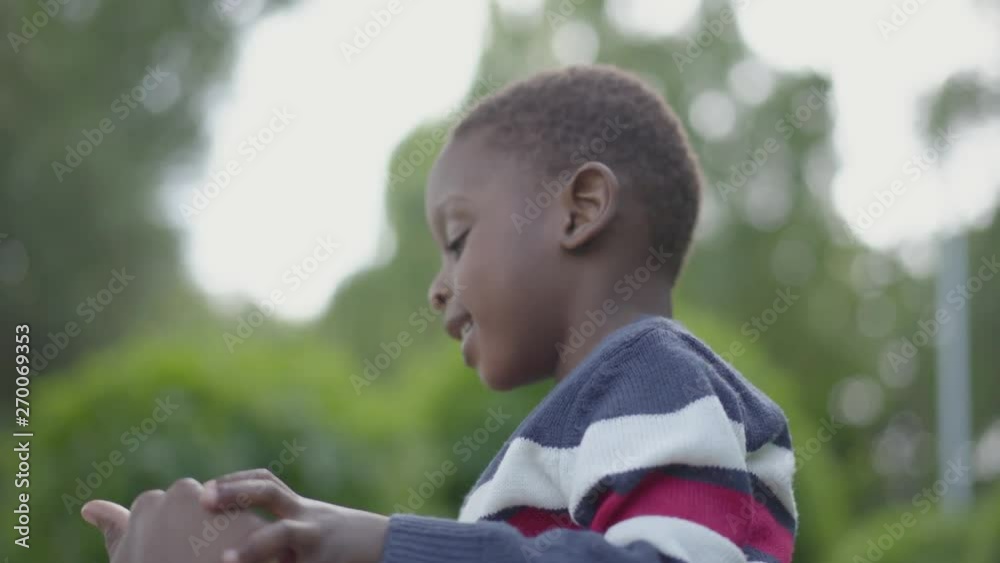 Portrait of an African American child smiling and looking into the camera. dorable little boy playing outdoors. Portrait of an African American child smiling and looking into the camera. dorable little boy playing outdoors.