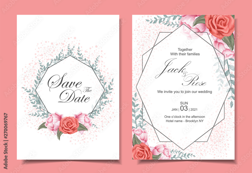 Floral Wedding Invitation Cards Set with Roses, Wild Leaves, Geometric Frame, and Sparkle Effect