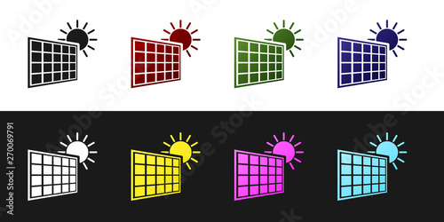 Set Solar energy panel and sun icon isolated on black and white background. Vector Illustration