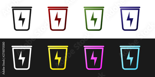 Set Lightning with trash can icon isolated on black and white background. Waste to energy. Garbage bin sign. Recycle basket sign. Vector Illustration