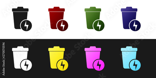 Set Lightning with trash can icon isolated on black and white background. Waste to energy. Garbage bin sign. Recycle basket sign. Vector Illustration