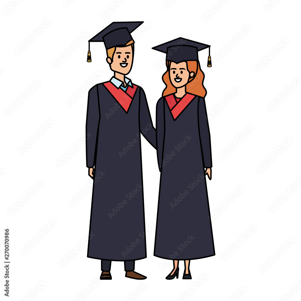 young couple students graduated characters young couple students graduated characters