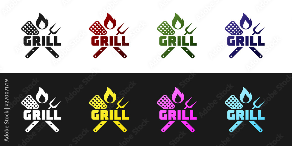 Set Crossed fork and spatula icon isolated on black and white ...
