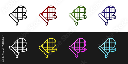 Set Oven glove icon isolated on black and white background. Kitchen potholder sign. Cooking glove. Vector Illustration
