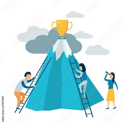 People climb the stairs to the mountain. Achieving goals, striving for success and leadership. Overcoming difficulties in business. Vector illustration in flat style.