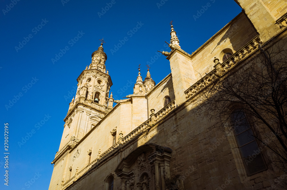 Logroño, La Rioja, Spain - February, 15th, 2019 : South facade of the Co-Cathedral of Santa María de la Redonda along Calle Portales street.