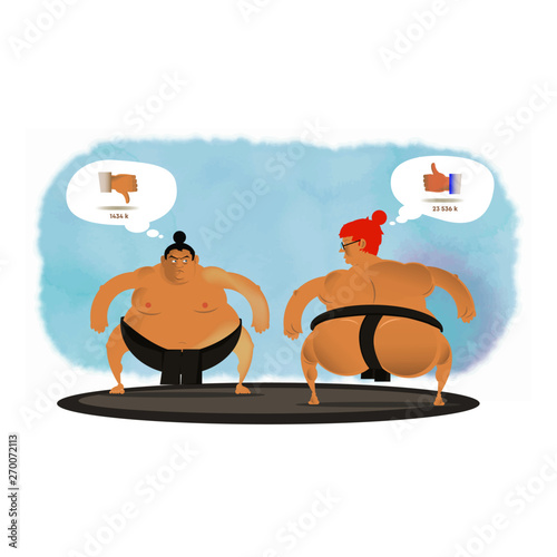 Two sumo-man on a wrestling ring competing 