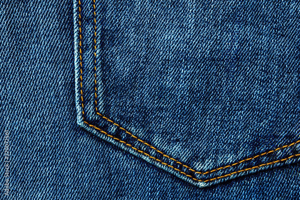 Blue denim jeans background pocket with seam and orange thread stitches.  Casual urban classic fashion tailoring clothing concept. Poster banner  template with copy space Stock Photo | Adobe Stock