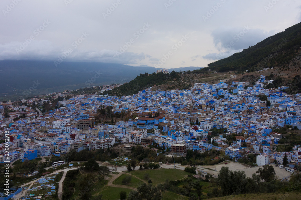 Panorama view on the medina of the Blue City skyline from the hill, Chefchaouen Morocco