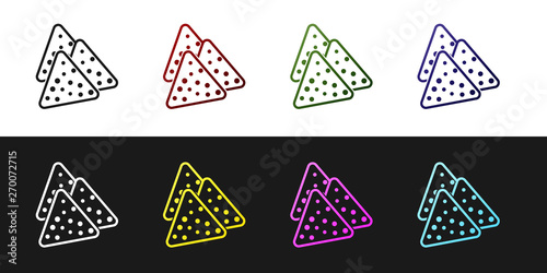 Set Nachos icon isolated on black and white background. Tortilla chips or nachos tortillas. Traditional mexican fast food. Vector Illustration