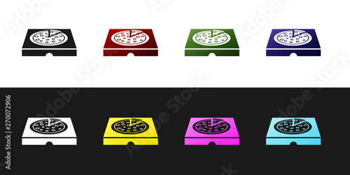 Set Pizza in cardboard box icon isolated on black and white background. Box with layout elements. Vector Illustration