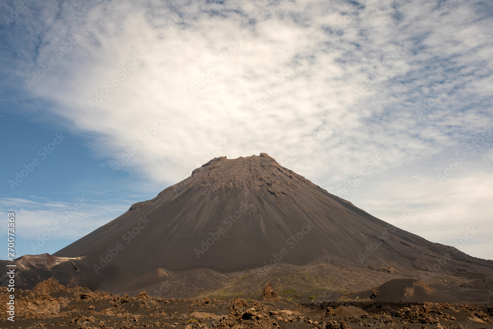 Volcano Mount Fogo and a blue cloudy sky, Capo Verde, Africa.