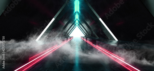 Fototapeta Naklejka Na Ścianę i Meble -  Smoke Sci Fi Triangle Spaceship Neon Glowing Laser Beam Virtual Lights Blue Red Fluorescent On Concrete Grunge Underground Tunnel White Glow Corridor 3D Rendering