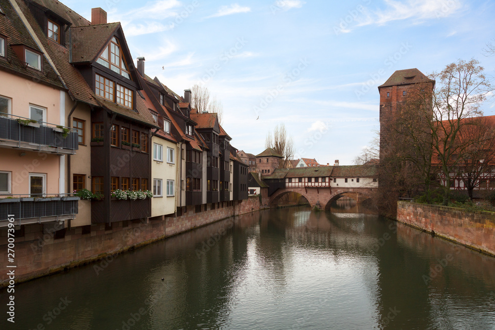 Nuremberg. Bridge over the Pegnitz River and Water tower ,  Germany