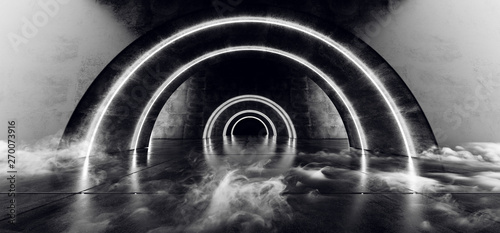Naklejka na szafę Dym Futurystyczny owalny okrąg Neonowe świecące białe wiązki światła laserowego na betonowej podłodze Podłoga Odblaskowy korytarz tunelu Ciemne wejście Etap renderowania 3D