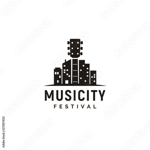 Silhouette of Guitar with City Building for Music Skyline Logo design