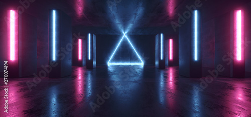 Triangle Dark Futuristic Sci Fi Alien Spaceship Neon Club Retro Stage Concrete Grunge Reflective Fluorescent Purple Blue Laser Beam Tube Lights Garage 3D Rendering © IM_VISUALS