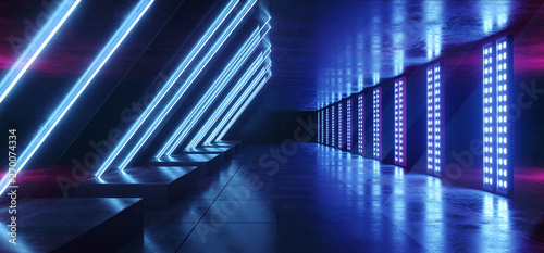 Fototapeta Naklejka Na Ścianę i Meble -  Virtual Reality Futuristic Modern Elegant Neon Glowing Sci Fi Laser Beam Stage Purple Blue Triangle Shaped Tunnel Underground Tunnel Corridor Garage 3D Rendering