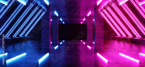 Fototapeta Naklejka Na Ścianę i Meble -  Virtual Reality Futuristic Modern Elegant Neon Glowing Sci Fi Laser Beam Stage Purple Blue Triangle Shaped Tunnel Underground Tunnel Corridor Garage 3D Rendering