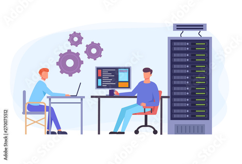 IT engineers team workers character and data center concept. Vector flat graphic design isolated illustration