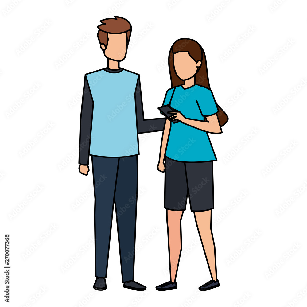 young couple using smartphone characters young couple using smartphone characters