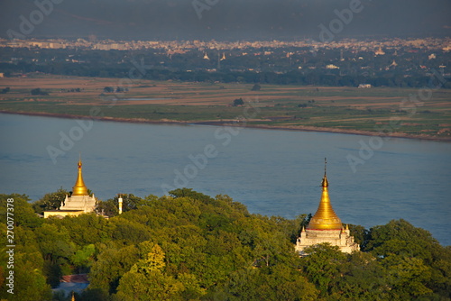 Myanmar. View of Buddhist temples from a Soon U Ponya Shin pagoda located on top of a high hill in Sagain on the banks of the Irrawaddy river. photo