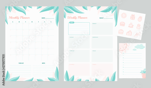 Set of minimalist planners printable, daily, weekly, monthly planner, calendar, notes, to do list, memo and icons set template. Design with green and pink leaves.