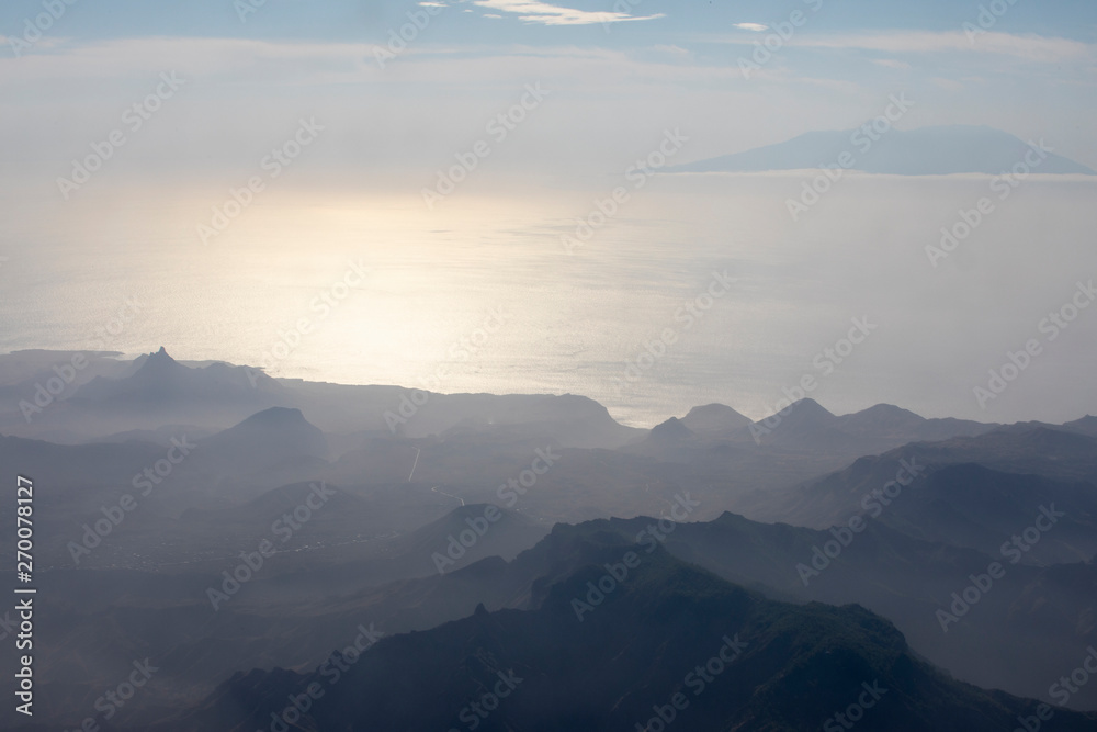 Aerial view on the mountains and ocean of Fogo, island of Cabo Verde, Cape Verde, Africa.