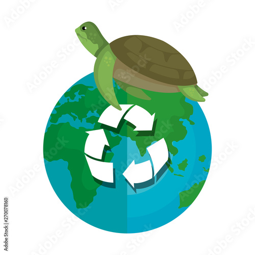 turtle with world planet and arrows recycle