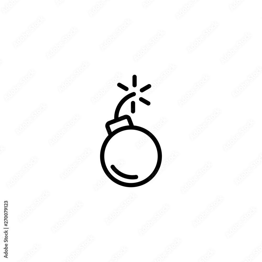 Black line bomb icon. Round glossy inclined to the right bomb with fuse and fire. Black line bomb icon. Round glossy inclined to the right bomb with fuse and fire.
