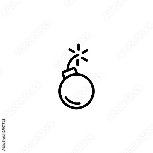 Black line bomb icon. Round glossy inclined to the right bomb with fuse and fire.