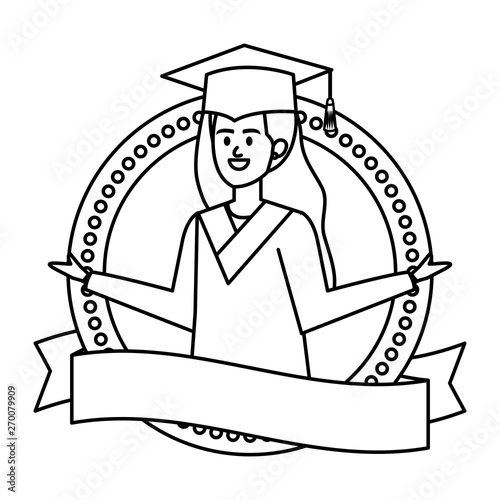 young woman student graduated in ribbon emblem