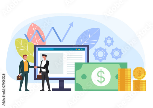 Two businessmen office workers characters shaking hands. Online business deal agreement concept. Vector flat graphic design cartoon illustration