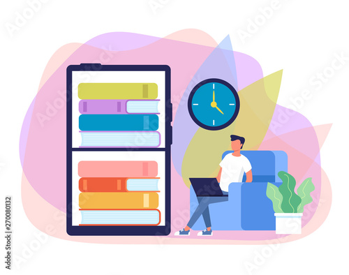 Man student character reading online book. Internet education library concept. Vector flat graphic design cartoon illustration