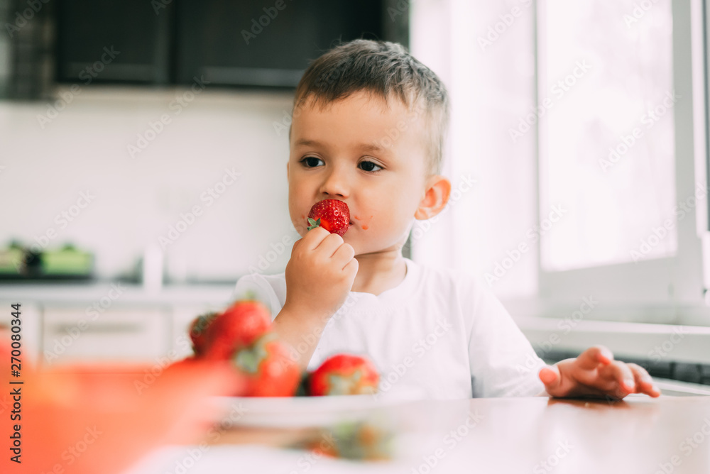 charming child in white t-shirt eating fresh homemade strawberries charming child in white t-shirt eating fresh homemade strawberries