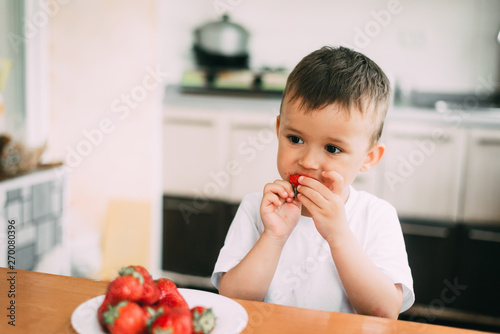 charming child in white t-shirt eating fresh homemade strawberries